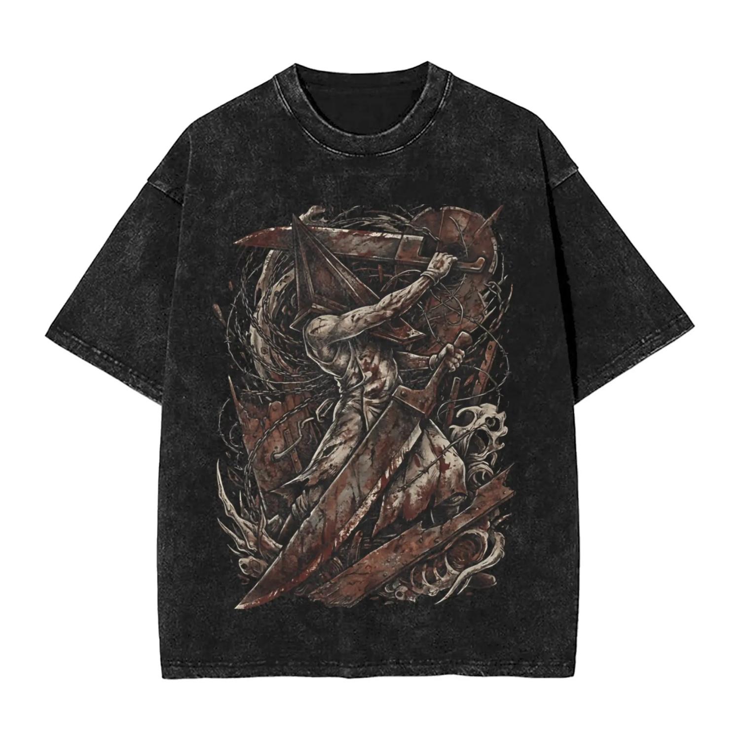 Футболка Silent Hill Washed Мужская Винтажная Хлопковая Летняя Дышащая Хипстерская Футболка с Принтом Оверсайз S чёрный