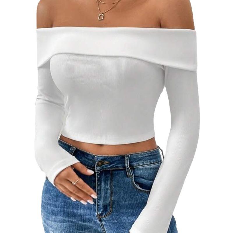 Dames Herfst en Winter A Woord Kraag Slim Honderd Passend Lange Mouw Strapless Kort T-shirt
