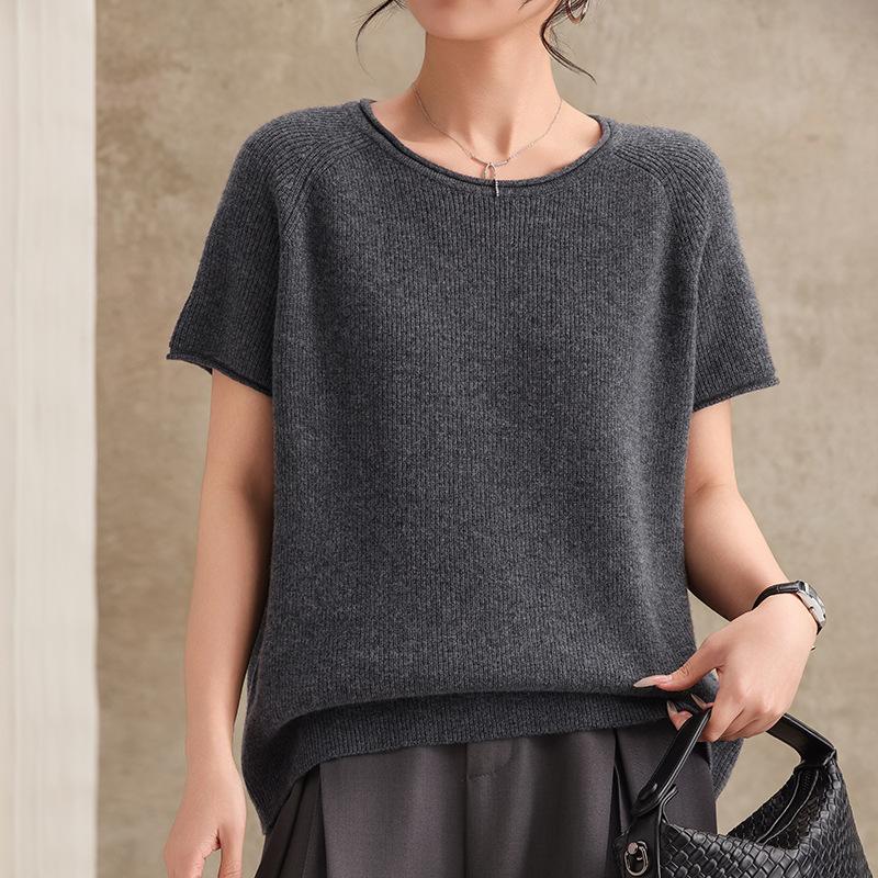 Spring And Autumn New Cashmere Wool Blended Curled Crew Neck Knitted Sweater Short Sleeve Women'S Solid Color Pullover Bottom Shirt