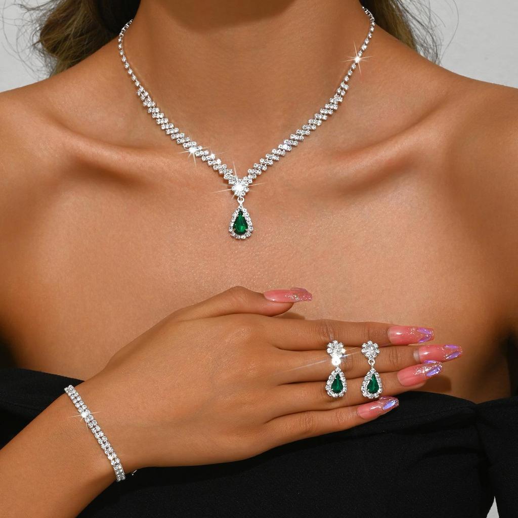 European-American Bridal Jewelry Set: Necklace, Bracelet, Ring, Zircon Earrings - Perfect for Weddings and Evening Dresses