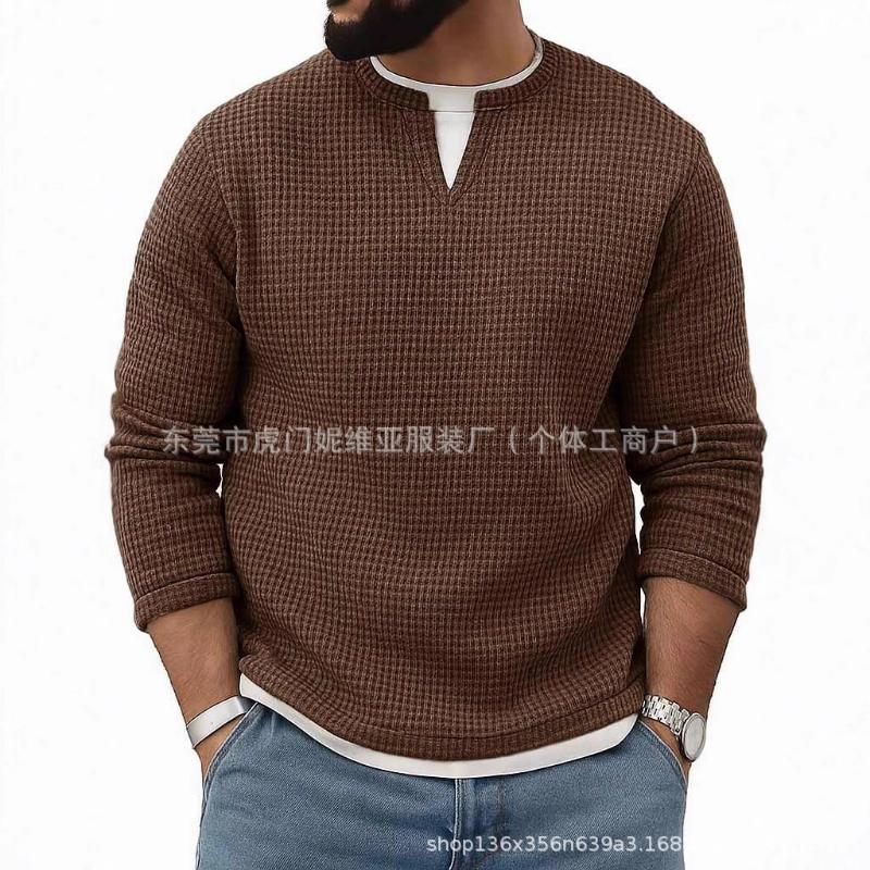 Sweatshirt Slit Henry Neck Long Sleeve Men's Fake Two-piece Contrasting Loose Pullover Spring and Autumn New Top