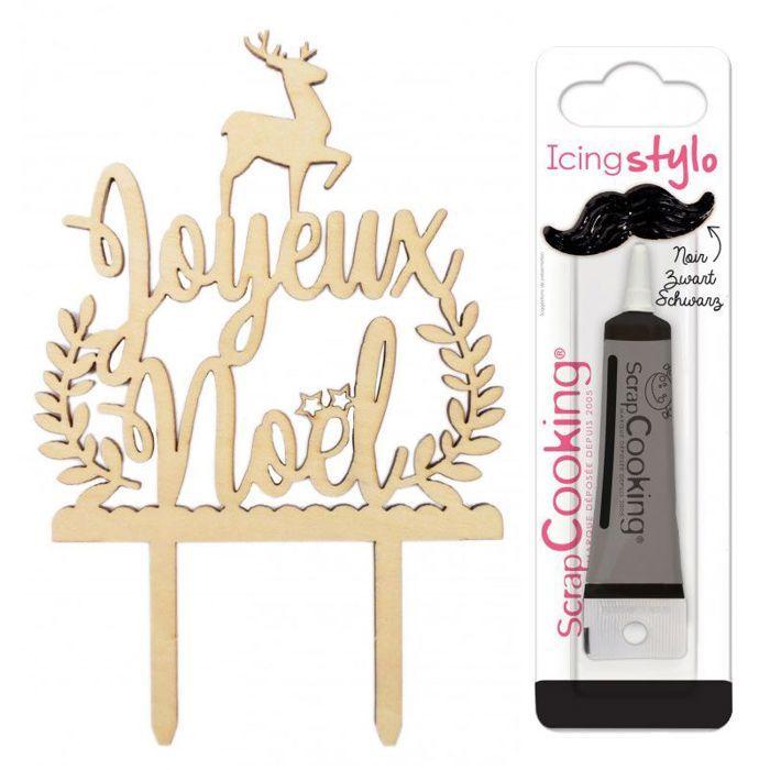 Cake topper en bois Joyeux Noël + Stylo de glaçage noir