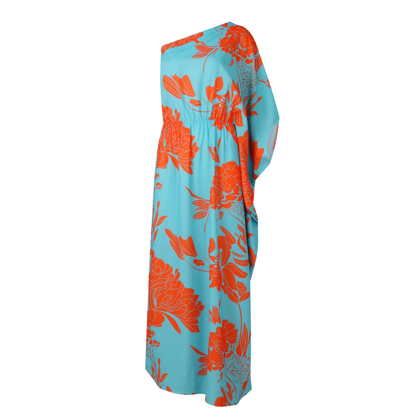 

Женское сексуальное свободное повседневное платье с коротким рукавом и разрезом на одно плечо с цветочным принтом L циан