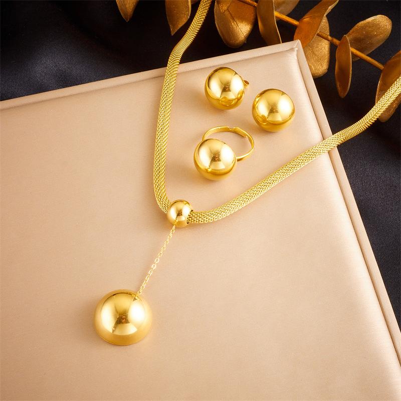 

Gold Plated Smooth Ball Jewelry Set Necklace Earrings Ring for Women Stainless Steel Mesh Chain золотой