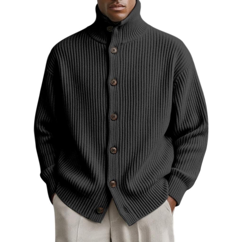 Men's casual and relaxed -color knitted cardigan, men's high-neck, thick-needle, striped long-sleeved button coat