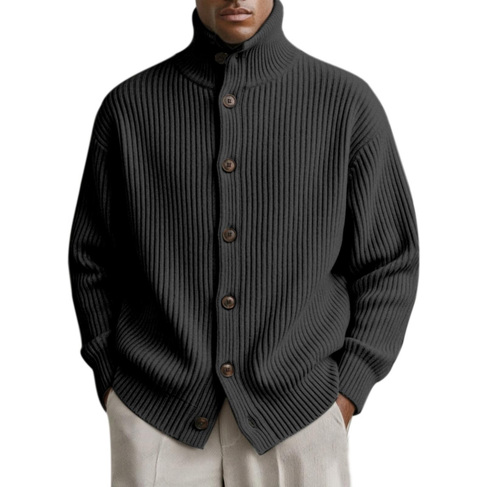 

Мужской повседневный и свободный однотонный вязаный кардиган, мужское пальто-кардиган с высоким воротником, крупной вязки, в полоску, с длинным рукавом, на пуговицах L чёрный