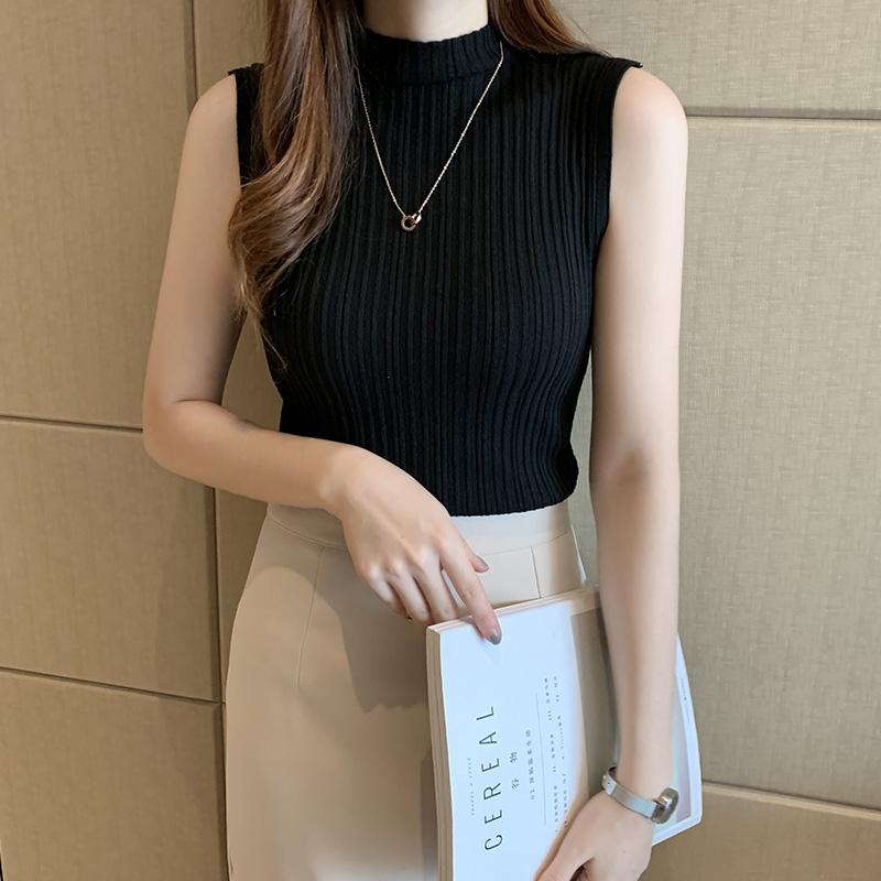 Summer High Collar Sleeveless Slim Knitted Tank Top Women J182