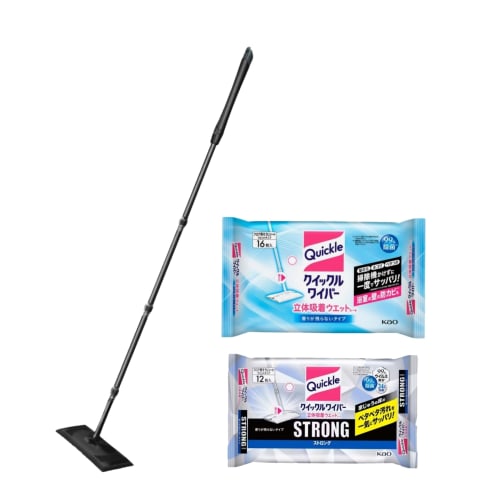 Bulk Purchase: Quickle Wiper 1 Unit + 2 Packs of 3D Absorbent Wet Wipes (16 Fragrance-Free & 12 Strong) with Original Tissues (Black)