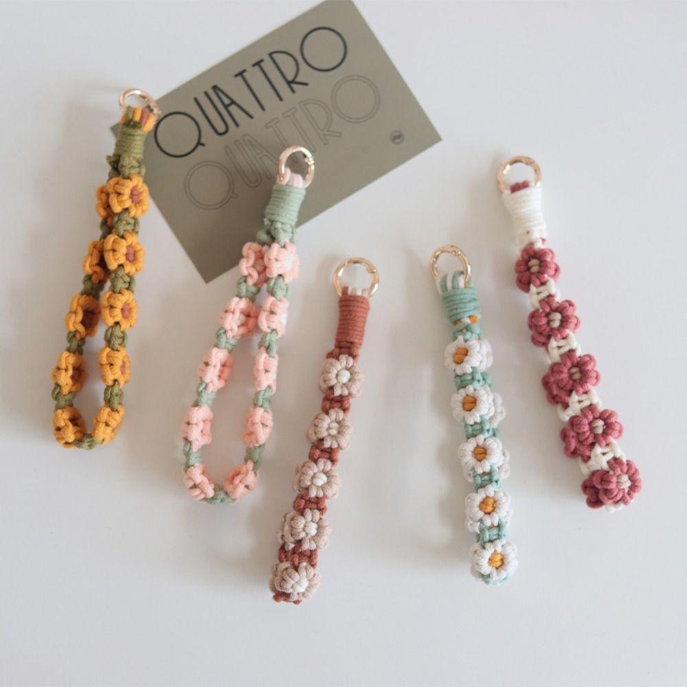 Keyring Weave Daisy Flower Keychain Phone Wristband Crochet Macrame Wristlet  Hanging Accessory