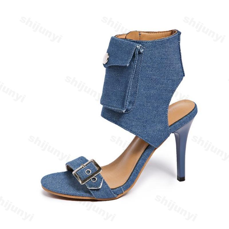 Fashion Summer Pointed Toe Open Toe Stiletto Cooling Boots Fashion Metal Belt Buckle Side Zipper Non-Slip Wear-Resistant High Heels