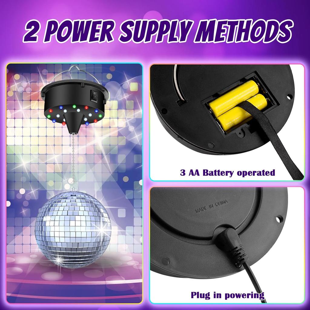 10RPM Disco Ball with Motor and 6Inch Mirror Ball — Plug/Battery Operated Disco Motor with 18 LED Beads 4 Color Lights and Remote Control, for
