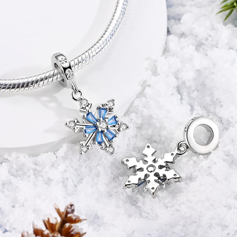 Original Copper Charms Bead Winter Blue Zircon Sparking Rotatable Snowflake Pendant Fit Original Bracelet Necklace