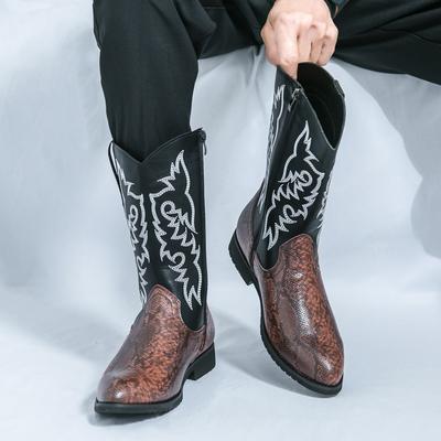 Fashion Fashion Brand Snake Skin Pattern Pointed Side Zipper High Top Boots Autumn New Men Comfortable Embroidered Western Cowboy Boots