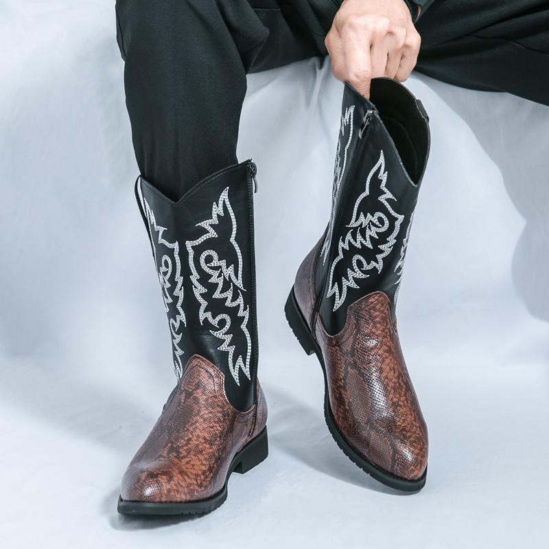 Men’s Pointed Toe Embroidered Western Cowboy Boots Casual Retro Dress Leather Men’s  Mid-calf Boots Plus Size