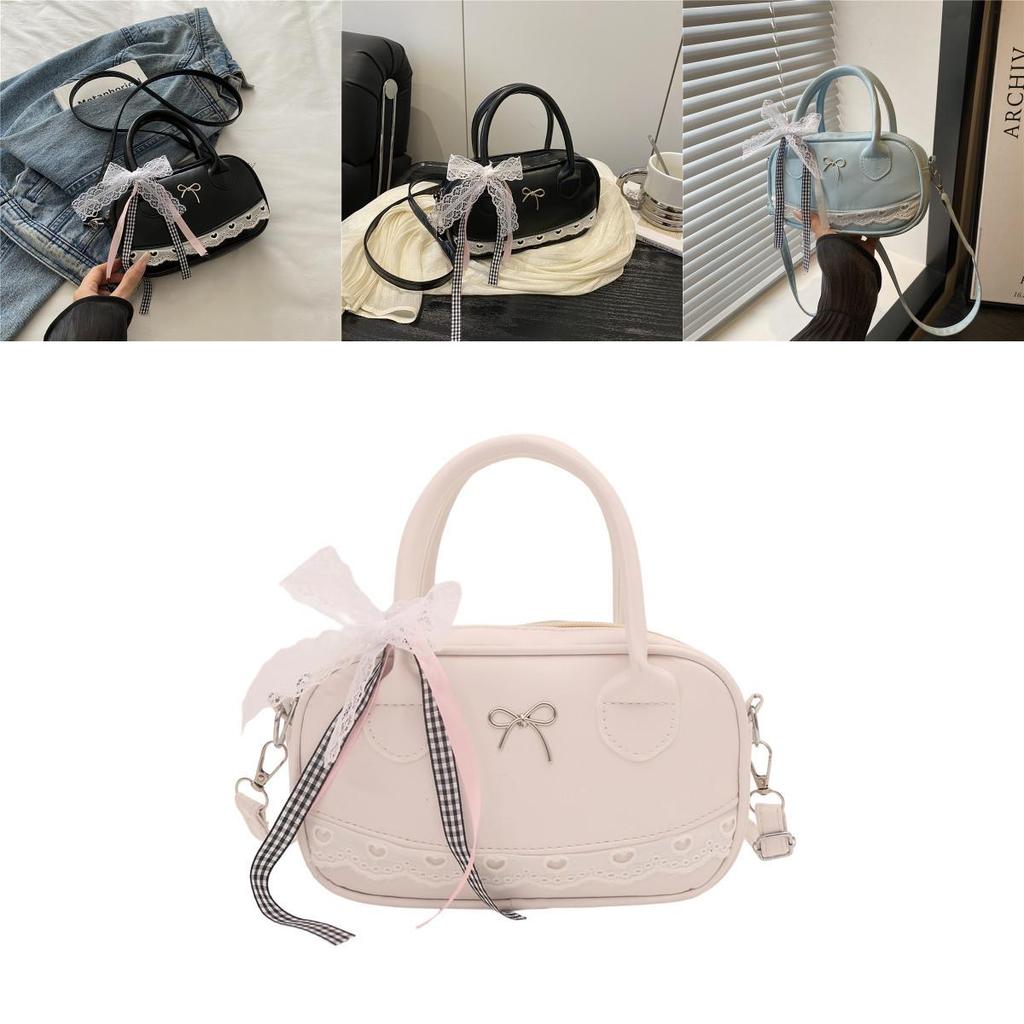 Simple Solid Color Silver Bow And Lace Decoration Women Casual Shoulder Bag For Daily Use