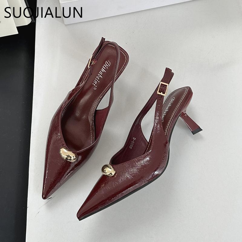 Fashion SUOJIALUN 2025 Summer New Brand Women Sandal Shoes Fashion Pointed Toe Shallow Slip On Ladies Elegant Slingback Shoes Pumps