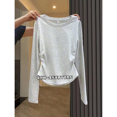 White Flower Gray Waist Pleated Top Women's Spring Spice Girl Front Shoulder Thin Bottoming Shirt with Long-sleeved T-shirt Tide