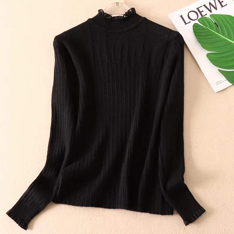 

Women s French Fashion Lace Semi-High Neck Knitted Sweater - Slim Fit Autumn/Winter Innerwear XL 115-125 cm чорний