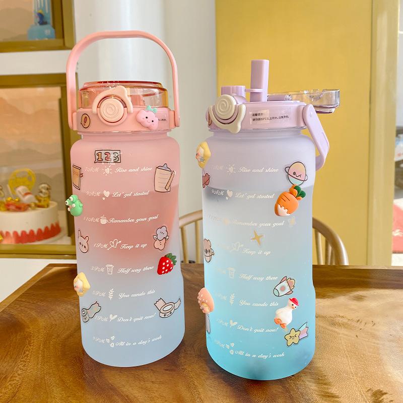 2L Frosted Active Water Bottle Motivational Time Marker Drinking Bottles Spacious Gradient Plastic Water Cup For Outdoor Use