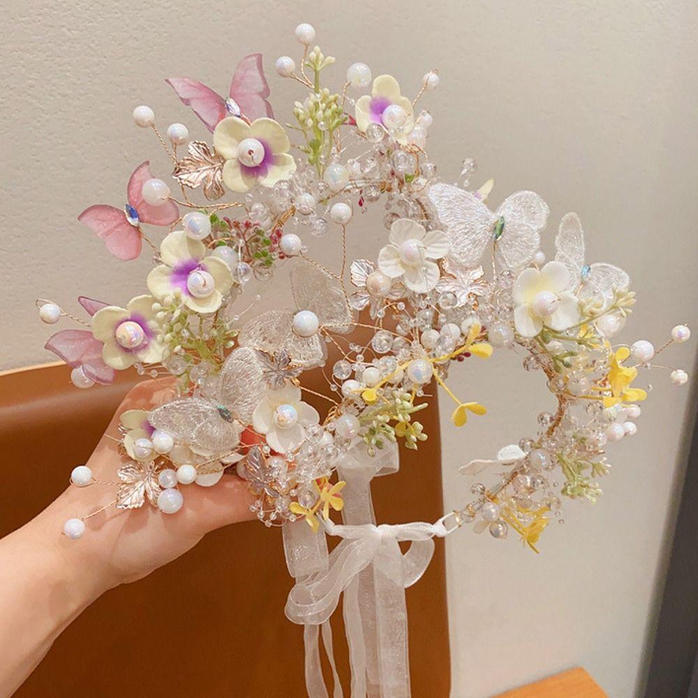 Butterfly Floral Crown Garland Headdress Pearl Head Hoop Creative Child Wreath  Hair Accessories