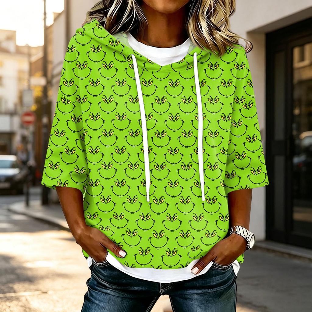 Women's Casual 3/4 Sleeve Hooded Christmas Print Top Festive Pullover T-Shirt for Holiday Outfits
