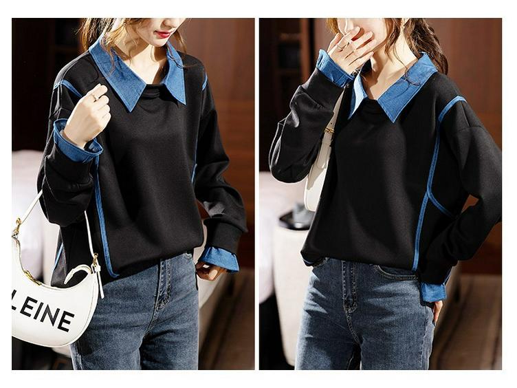 Hanorac fără glugă pentru femei: Modă Toamnă/Iarnă 2023, Croială Largă, Mânecă Lungă la Modă, Aspect Două Piese False, Mărime Mare.