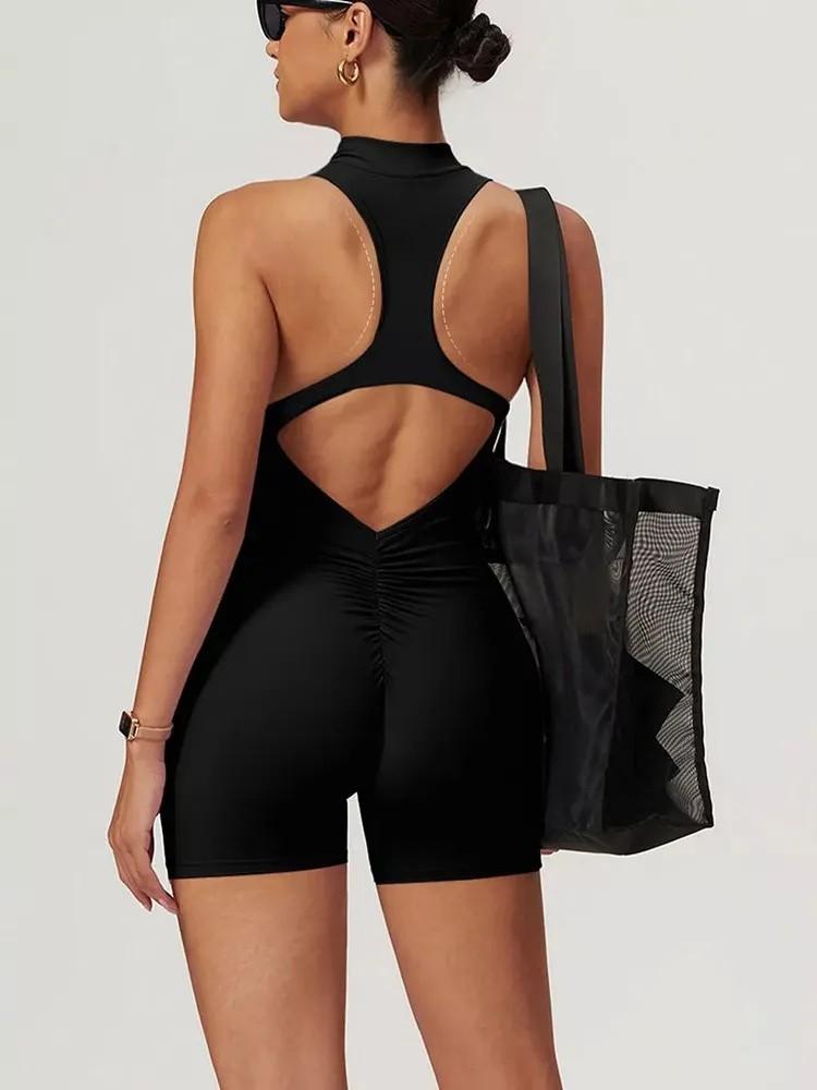 Sport Rücken Yoga Jumpsuit Reißverschluss Nude Tights Fitnessanzug