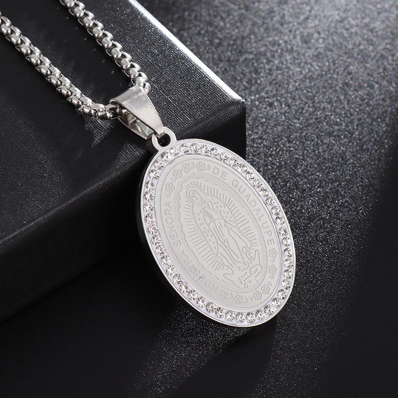 Jungfrau Maria Medaillon Anhänger Edelstahl Eingelegt Zirkonia Halskette für Männer Frauen Kirchenkleidung Gebets Schmuck Geschenk