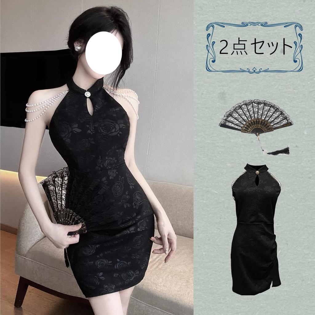 KLGIRL Cheongsam Kleid mit Enges Mini Chinesischer Stil Rose Halloween Gothic Lolita Foto Größe M Damen Fächer, A-Linien-Kleid, Kleid, Druck, Kostüm,