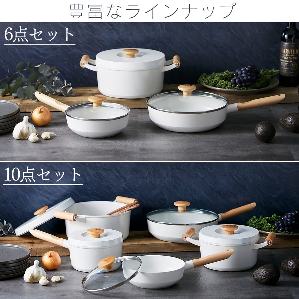 Iris Ohyama Deep Frying Fire Frying 10 Piece White Pan, Water-Free Pot, IH/Gas Compatible, "Luonto" Pan, Set, LUO-SE10W