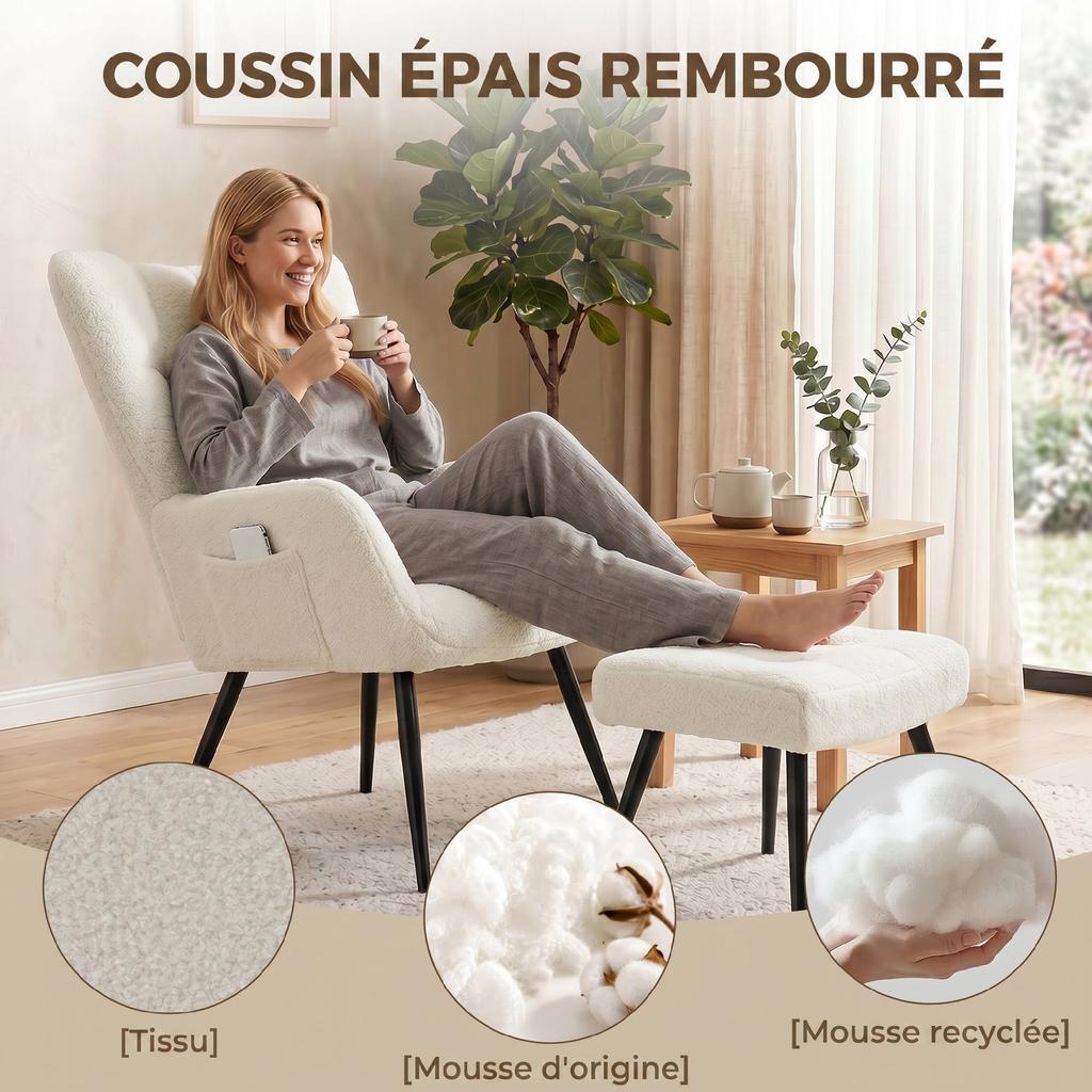 Lounge Chair with Footrest, Plush Teddy Upholstered Accent Chair, High Back, Side Pockets, Beige