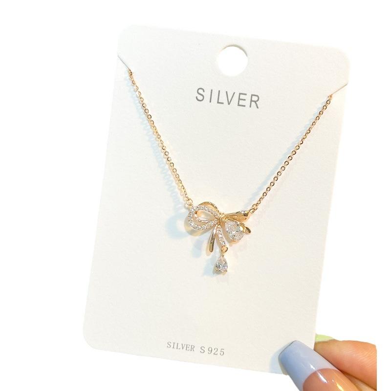 S925 Sterling Silver Necklace Girl Bows ,Vermiculite Pendant Clavicle Chain