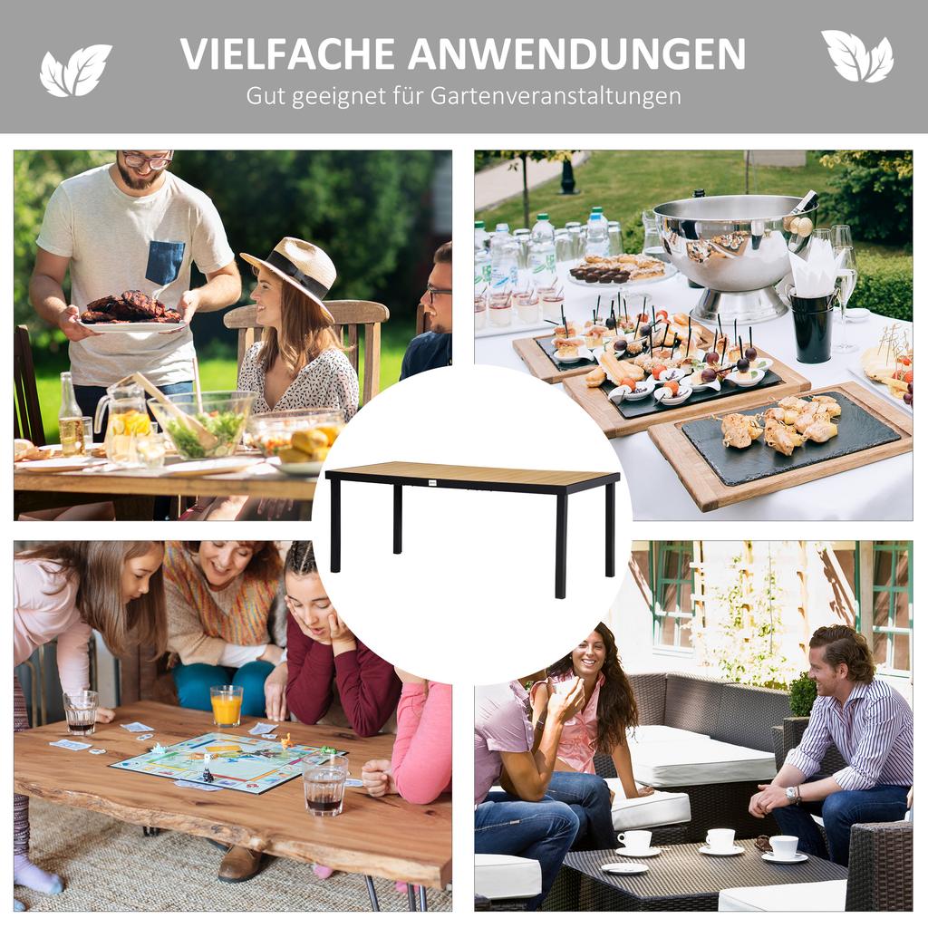 Aluminium Outdoor Garden Dining Table for 8 People, Faux Wood Top, for Garden, Patio, 190 X 90 X 74 Cm, Natural