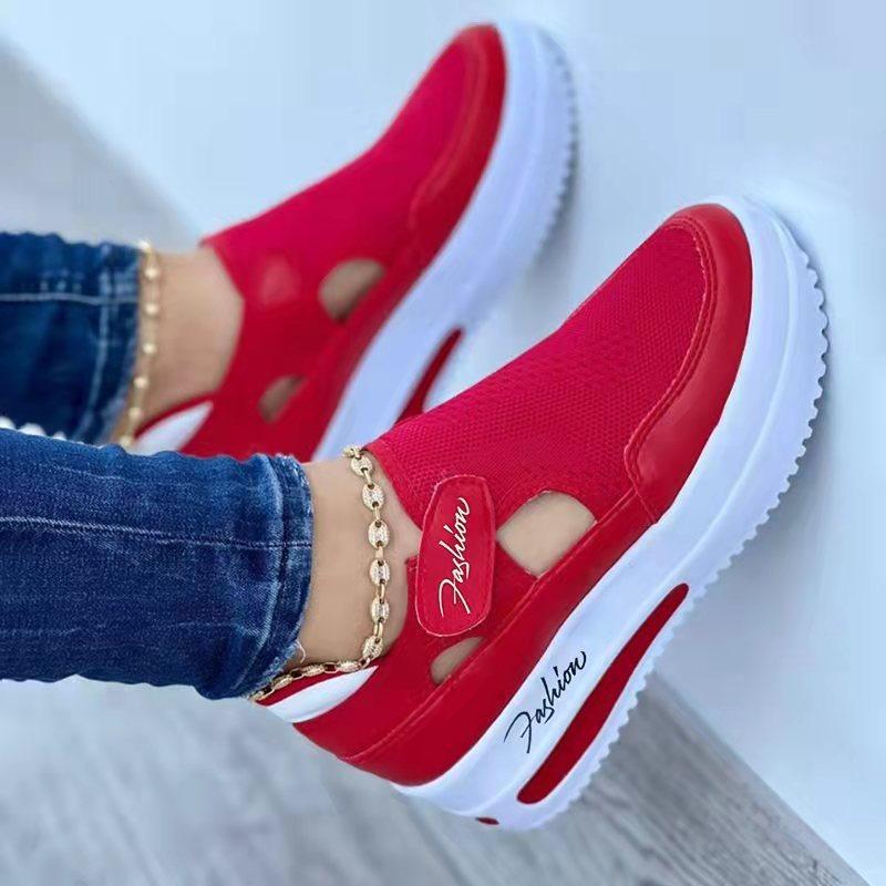 Scarpe singole casual taglia grande da donna, nuove per la primavera e l'estate, fondo piatto, tomaia in tessuto fly-knit traspirante, chiusura in velcro, scarpe casual in rete, stazione indipendente