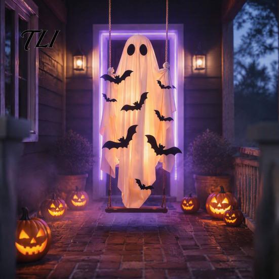 Halloween Hanging Swing Ghost Large Decoration, Light Up Spooky Swinging Courtyard Decorations with 3D Bats for Front Porch, Yard, Garden, Tree