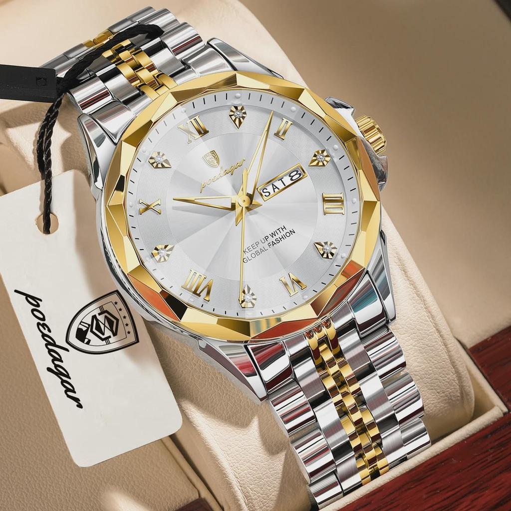 POEDAGAR Luxury Fashion Man Clock Top Business Waterproof Luminous Date Week Men's Watches Quartz Stainless Steel Wristwatch