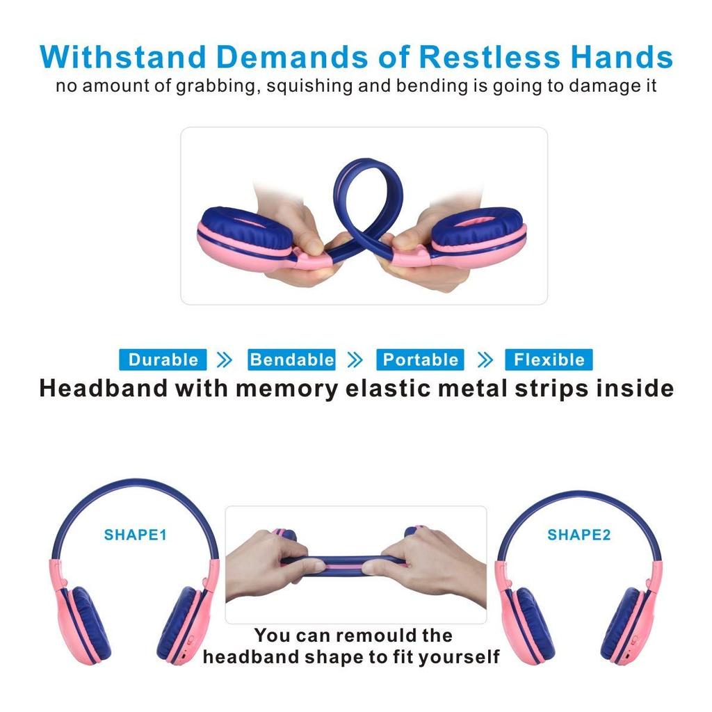 SIMOLIO Kids' Headphones, Bluetooth 5.0, Three-Level Volume Limit, Built-in Microphone, Sharing Port, Volume Control, Wired and Wireless Compatible,