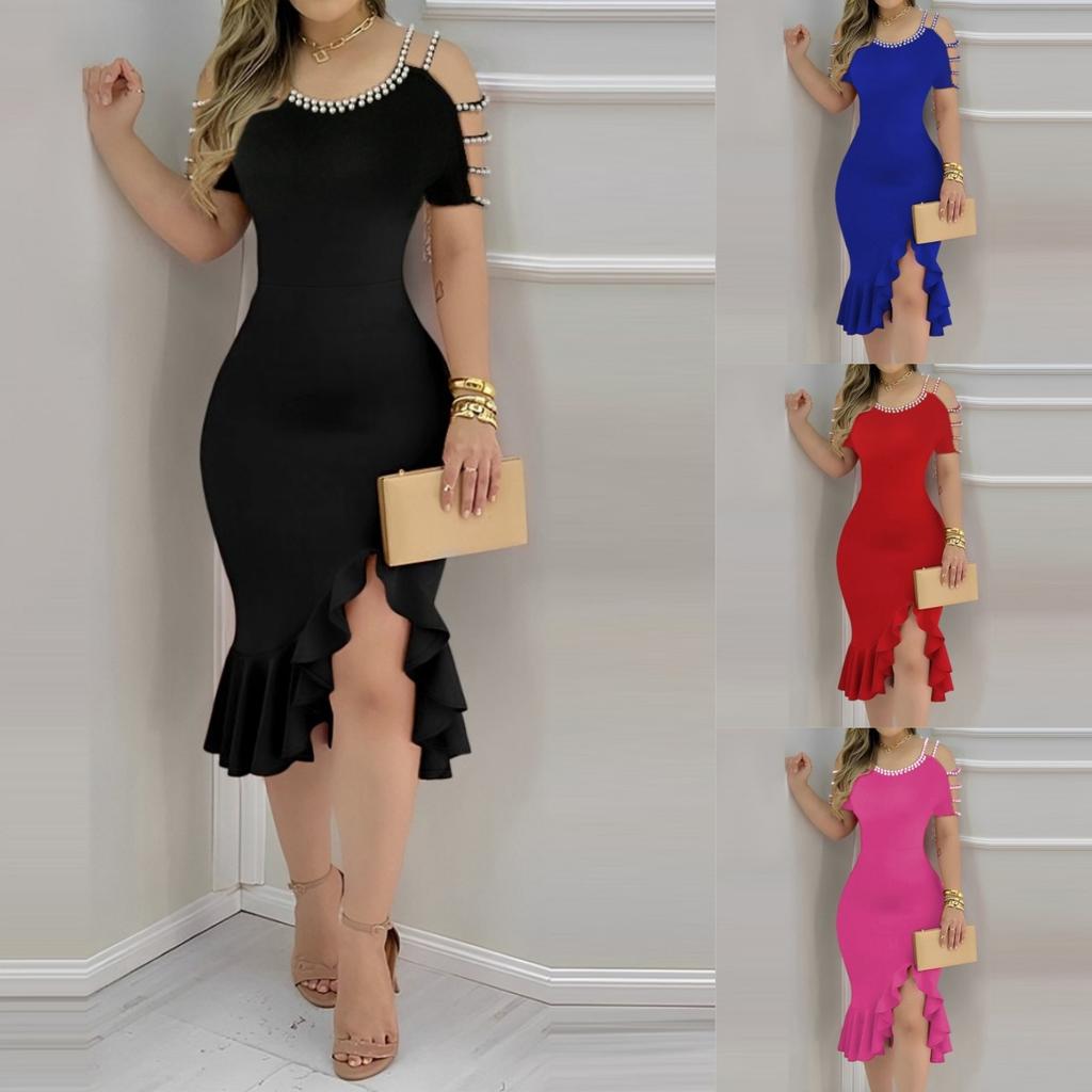 Summer tight ruffle edge split pearl decorative dress women