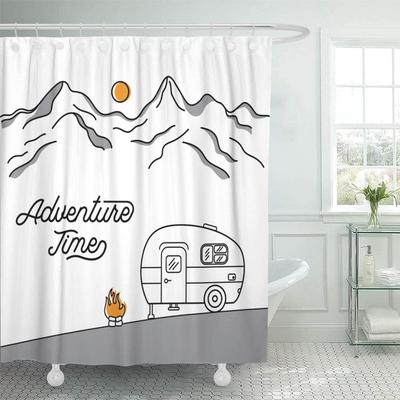 Sprchový závěs Vodotěsný Silnice S Retro Karavanem Na Pozadí Hor Liniový Styl Výletní Dodávka Vintage Aktivita 60X72 Palců S Háčky
