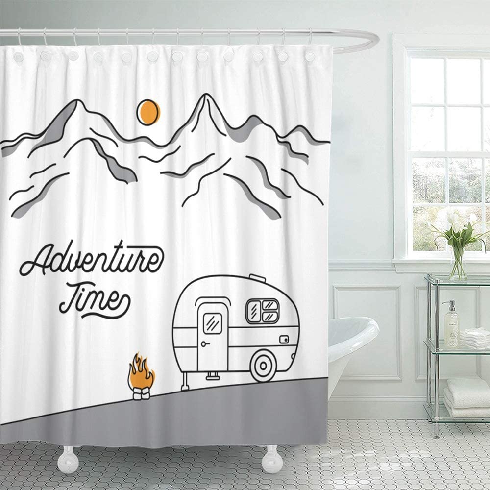 

Shower Curtain Waterproof Road With Retro Camper On The Of Mountains Line Style Trip Van Vintage Activity 60X72 Inch With Hooks 90x180cm