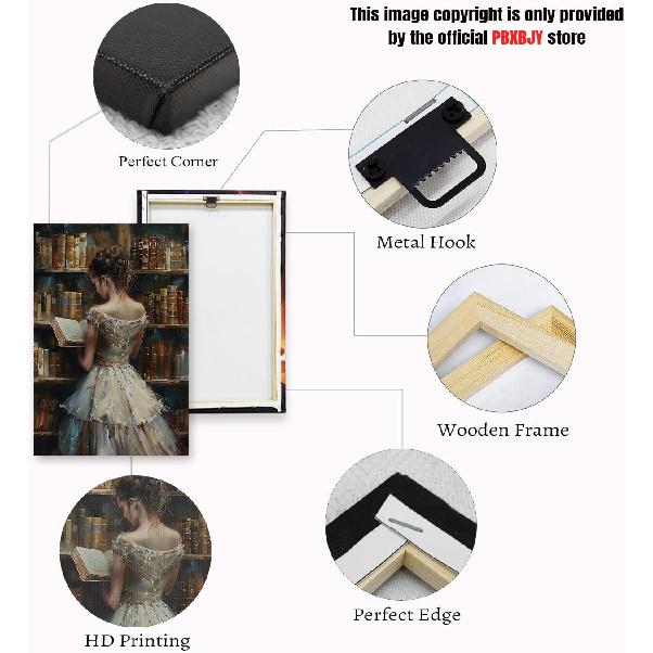 PBXBJY Vintage Female Canvas Wall Art Girl Reading Book Pictures Retro Women Painting Print Classroom Bedroom Gallery Girls Room Decor Frame (24L X