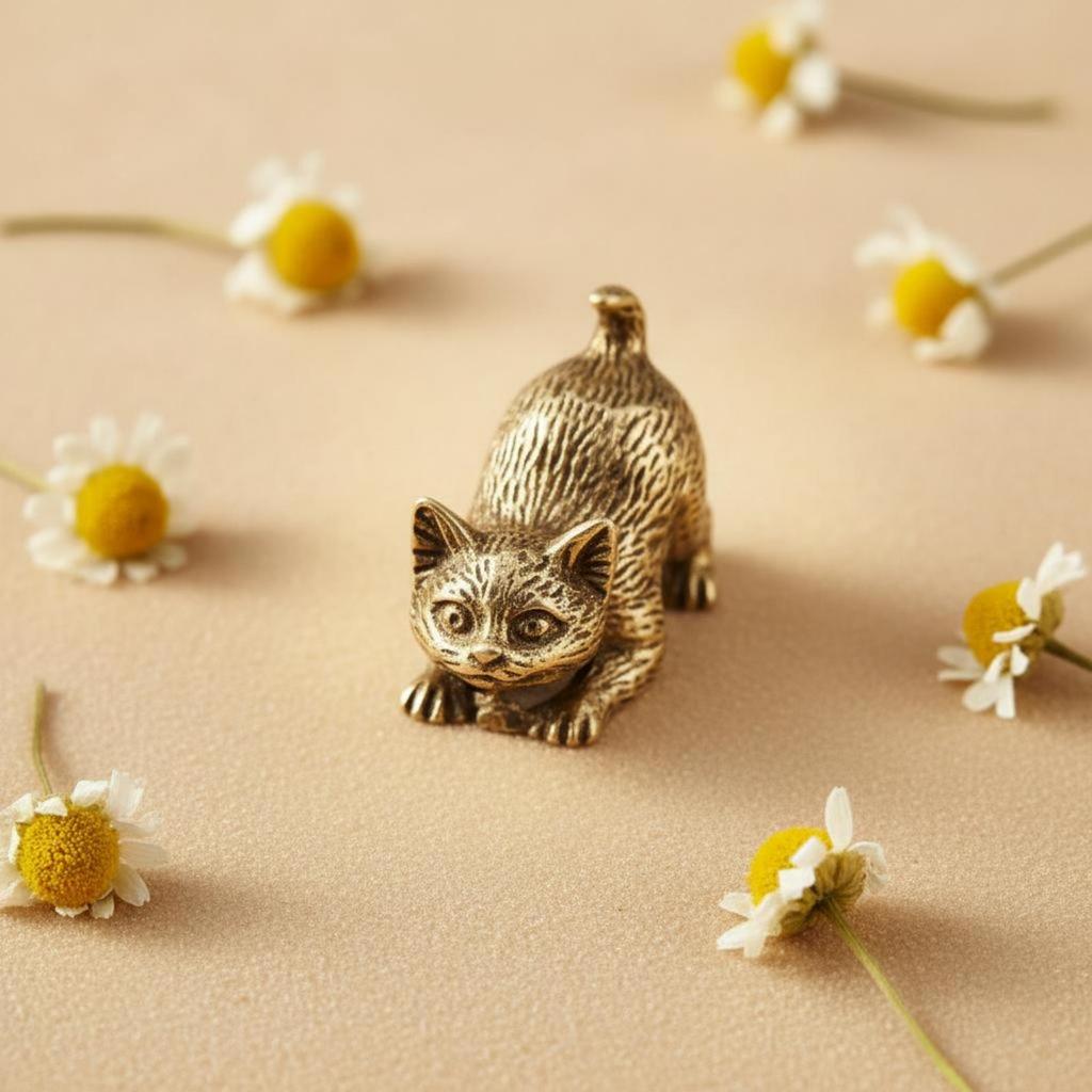 Brass Cat Figurine Handcrafted Miniature Statue Handicraft Tiny Kitten for Collectors,