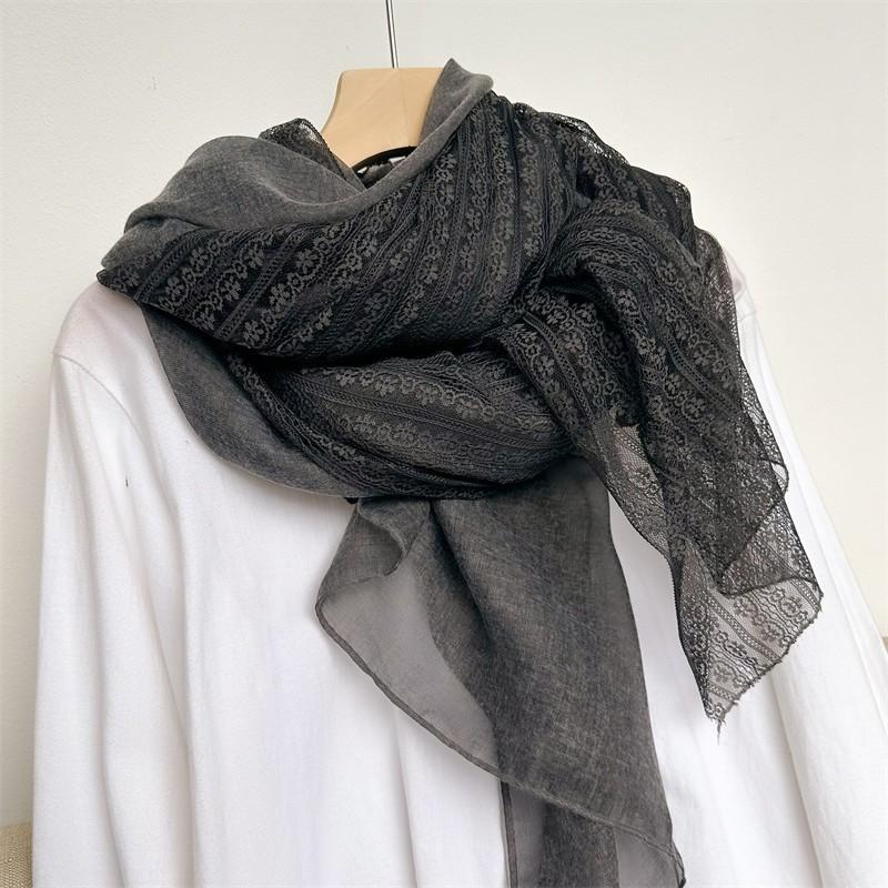 Lightweight Linen Blend Lace Scarf Women Bohemian Style Shawl In Beige Gray Blue 200x100cm Wrap
