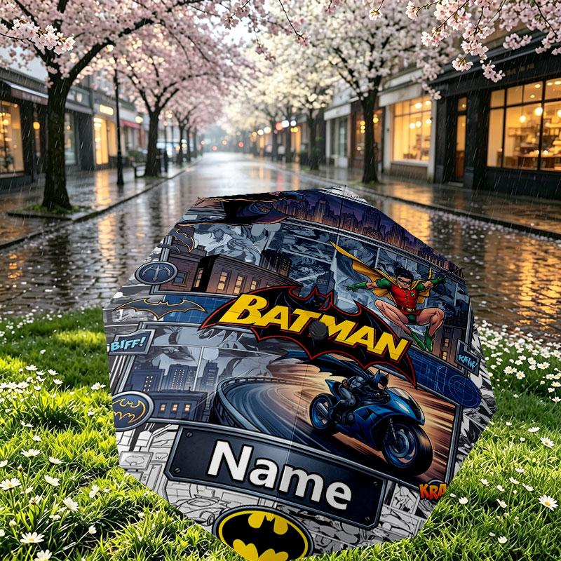 Custom Name Personalized Batman Print Umbrella, Auto Open Close, 8‑Rib Sturdy Frame, Commute Camping Hiking Use, Birthday Gift