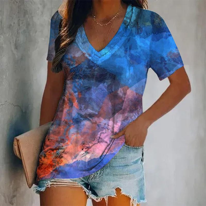 Damen Neues Kurzarm-V-Ausschnitt-T-Shirt mit gedrucktem Farbmuster, Übergroßes Damenoberteil im Y2K-Stil, Atmungsaktives T-Shirt