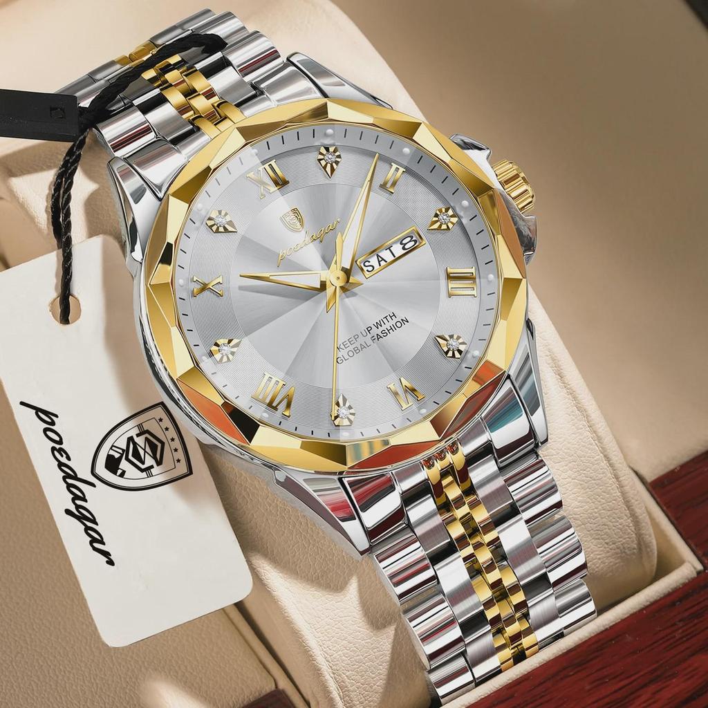 POEDAGAR Luxury Fashion Man Clock Top Business Waterproof Luminous Date Week Men's Watches Quartz Stainless Steel Wristwatch
