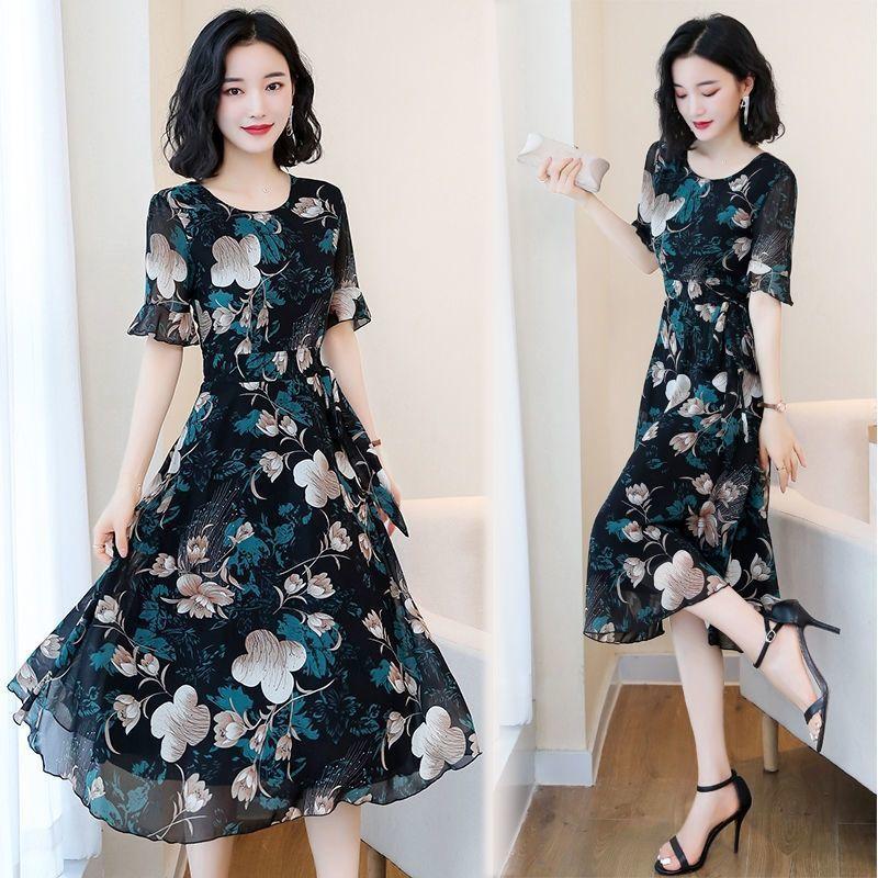 Women's Summer Dress Large Size Chiffon Print Round Neck Short Sleeve Skirt Length To Calf