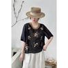 Women Floral Embroidered Round Neck Half Sleeve Linen Cotton Blend Blouse