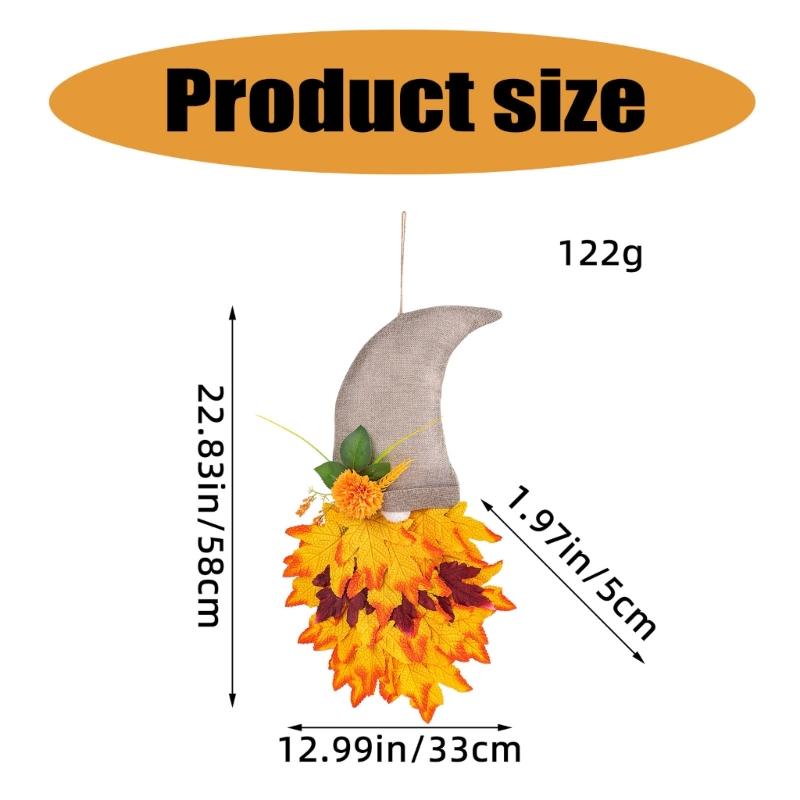 Harvest Gnomes Figure Maple Leaf Flower Fall Wreath Hanging Sign Ornament for Farmhouses Front Door Wall Decoration