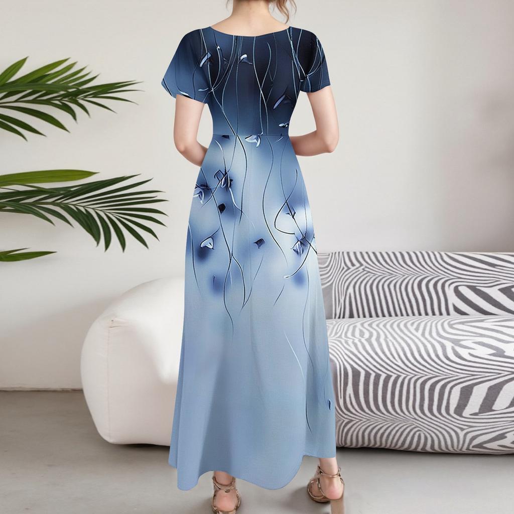 Women Casual Fashion Dress V Neck Short Sleeve Floral Print Maxi Dress Lightweight Summer Dress for Daily Wear